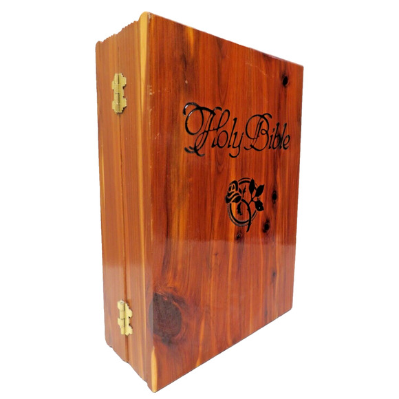 Vintage Cedar Holy Bible Box - Wooden Hinged Storage Case Red Velvet Lined Wood - Picture 1 of 7